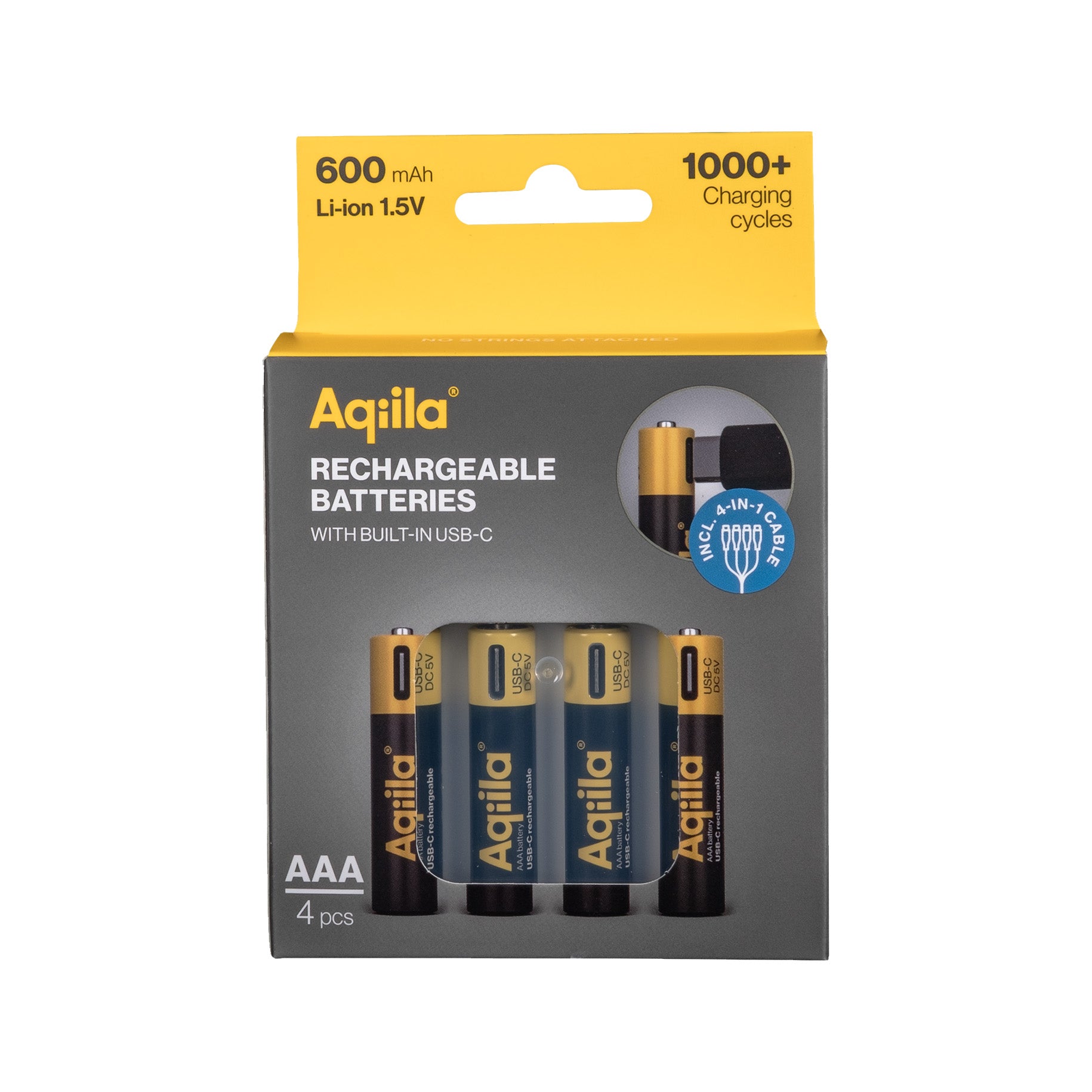 Aqiila Ladattava USB-C Litiumparisto AAA 1.5V 4 kpl pakkaus
