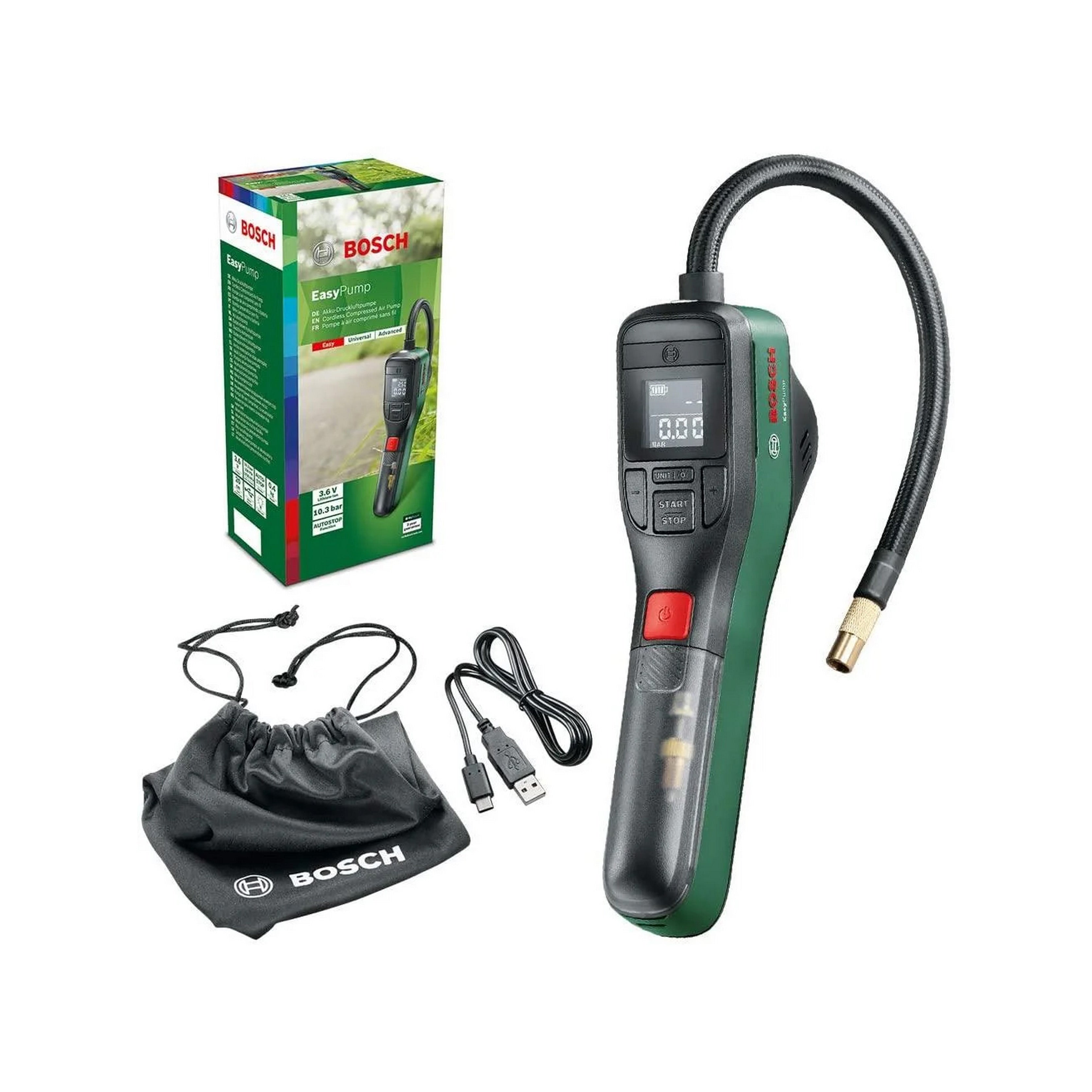 Bosch EasyPump ilmapumppu, jossa on ilmanpainemittari